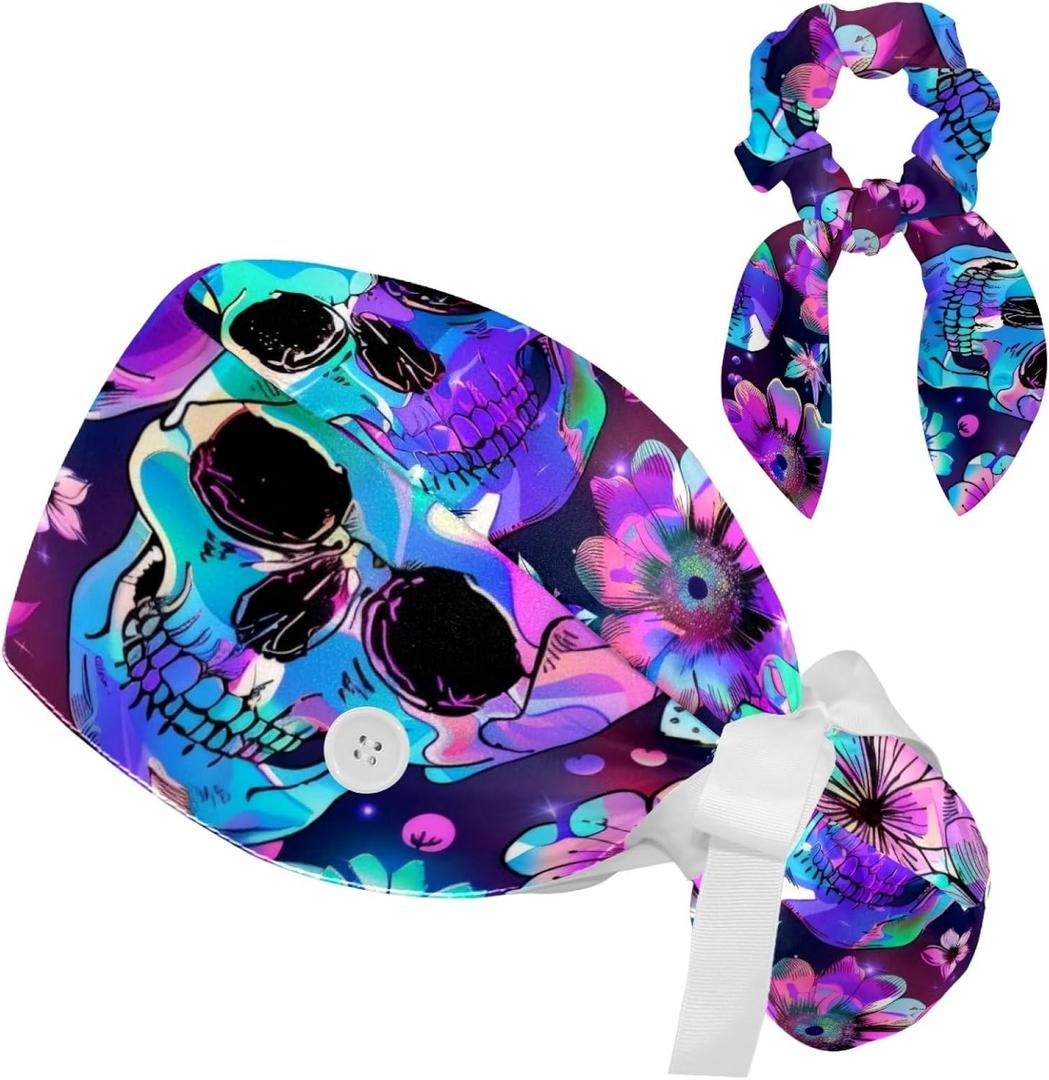 Womens Working Cap Scrub Hats with Bow Scrunchies, Skeleton Pattern Bouffant Surgical Cap Ponytail Holder