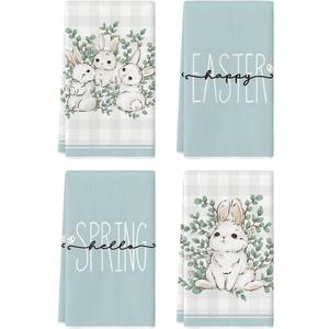 Artoid Mode Buffalo Plaid Bunny Rabbit Eucalyptus Leaves Happy Easter Kitchen Towels Dish Towels, 18x26 Inch Seasonal Spring Decoration Hand Towels Set of 4 (Blue)