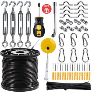 String Light Hanging Kit,Guide Wire for Outdoor String Lights, Shade sail Hardware kit,with 164 Ft Nylon Coated Stainless Steel 304 Wire Rope