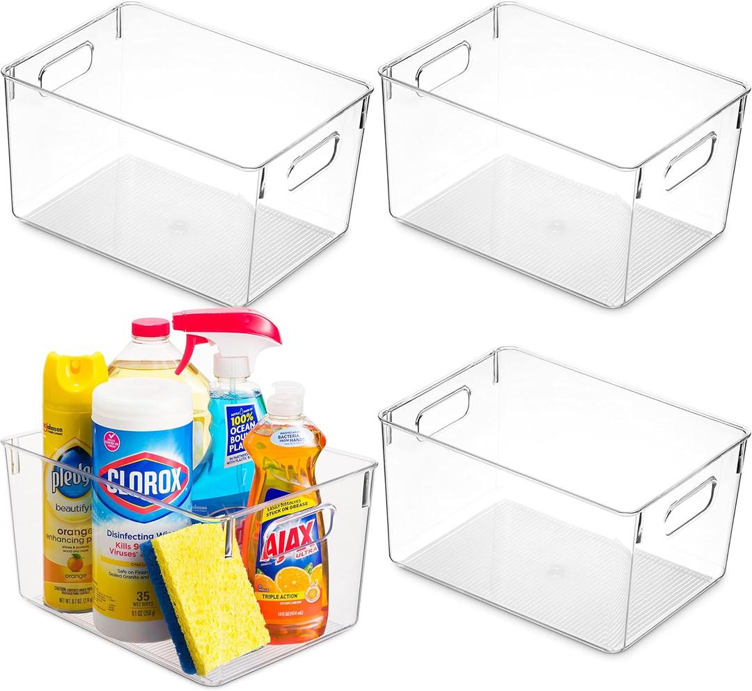 Pack Of 4 Plastic Kitchen Organization Pantry Storage Bins - Fridge Organizer Household Food Baskets for Countertops, Cabinets, Refrigerator, Freezer, Bedrooms, Bathrooms