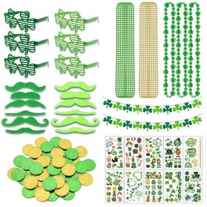 94-Piece St Patricks Day Accessories, St Patricks Day Party Favors Include Felt Shamrock Banner, Shamrock Glasses, Mustaches, Tattoo Stickers, Necklaces, Coins for Irish Party Supplies