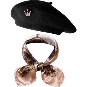 choyaxo 3pcs French Beret Hat Set Costume Accessories Set Including Beret Hat Scarf Crown Pin for Women French Themed Party