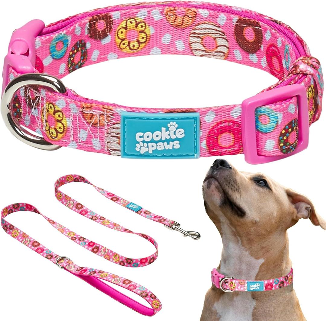 Soft Neoprene Padded Dog Collar and Leash Set for Large Dogs | Comfortable, Adjustable, Quick-Release, Durable, Breathable, Easy Clean, Cute, Fancy| Donut | Pink