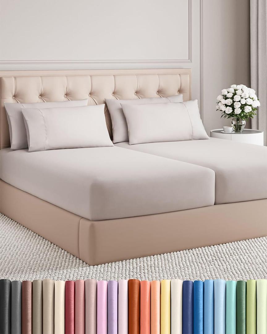 Split King 7 Piece Sheet Set - Comfy, Breathable & Cooling - Soft Hotel Luxury Bedding for Women, Men, Kids, Teens & Children - 1 Flat & 2 Fitted Sheets & 4 Pillowcases w/ Deep Pockets - Light Grey