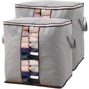 Large Storage Bags,2 Pack Storage Bins with Reinforced Handle and Sturdy Zipper, Closet Storage for Blanket, Comforter, Pillows and Bedding, Gray