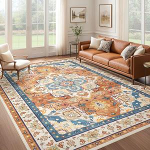 Area Rug for Living Room: 9'x12' Soft Washable Rugs Vintage Large Non-Slip Backing Stain Resistant Carpet for Bedroom Dining Room or Home Office Home Decor - Orange