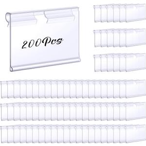 Tatuo 200 Pcs Reusable Plastic Wire Shelf Label Holders, Clear Price Card Sign for Pantry Retail Supermarket Merchandise Shopping Mall Shop Ticket Display Holder Clip on Design, 2.36 L x 1.65 H