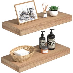 INHABIT UNION Oak Floating Shelves Wood for Wall 15.7in Wall Mounted Display Ledge Shelves Perfect for Bedroom, Bathroom, Living Room and Kitchen Decoration Storage (Set of 2)