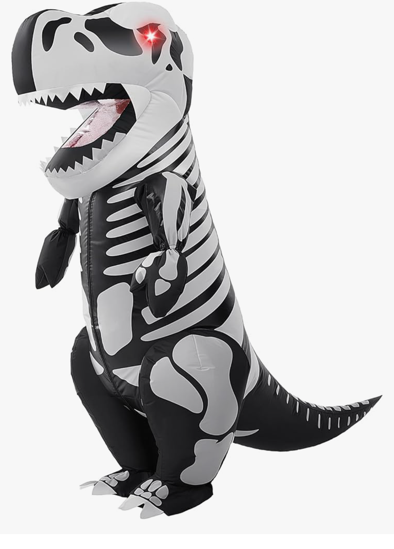 Spooktacular Creations Kids Skeleton Dinosaur Inflatable Costume, LED Light Eyes Skeleton Dinosaur Costume, Full Body T-Rex Blow Up for Halloween Dress Up Parties