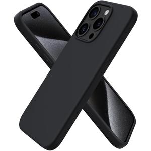ORNARTO Compatible with iPhone 15 Pro Case 6.1", Liquid Silicone 3 Layers Full Covered Soft Gel Rubber Cover, Shockproof Protective Slim Phone Case with Anti-Scratch Microfiber Lining-Chalk, Black