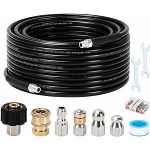 Sewer Jetter Kit for Pressure Washer, 50FT Drain Cleaning Hose with Corner Rotating and Button Nose Nozzles, 1/4" NPT Sewer Jet Nozzle Set with Spanner, Tape, Pins, 5800 PSI