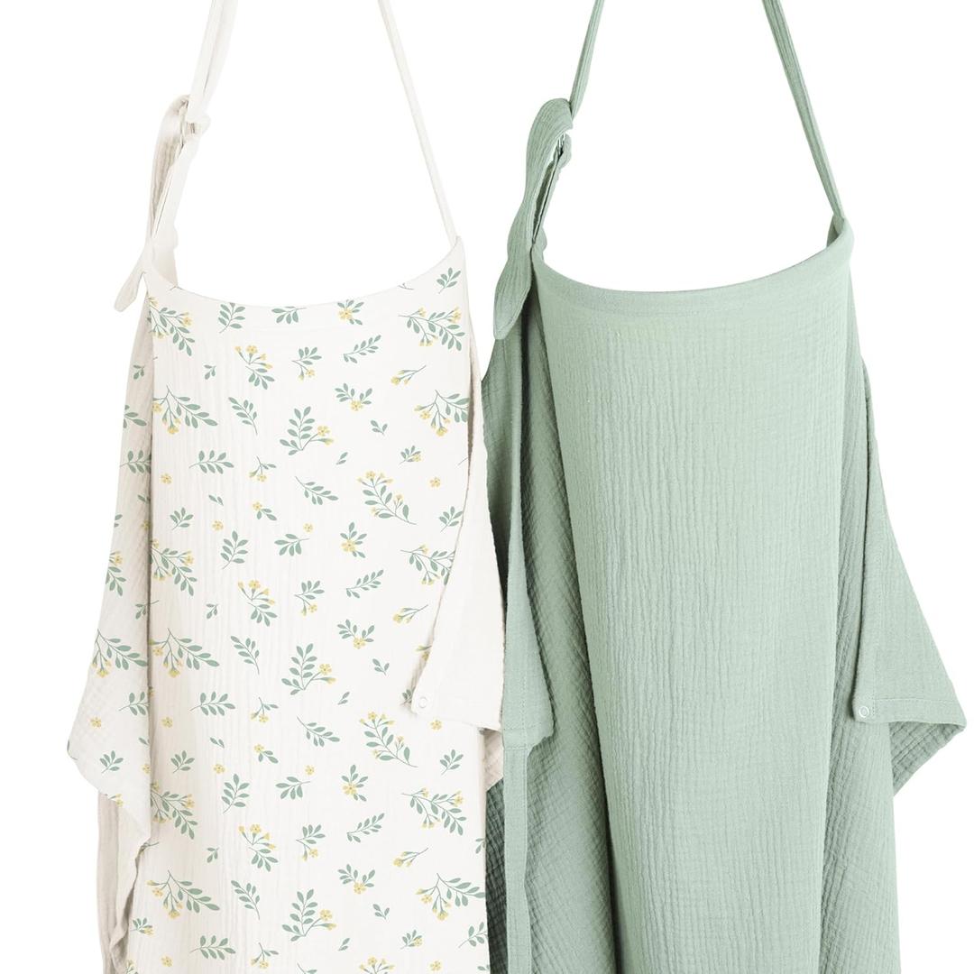 Konssy 2-Pack Muslin Nursing Cover Up for Breastfeeding Moms with Rigid Hoop, 100% Cotton, Lightweight & Breathable Breastfeeding Cover, Adjustable & Comfort (Green,Leafy)