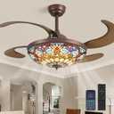 48'' Tiffany Retractable Ceiling Fan, Stained Glass | APP & Remote Control, Dimmable Chandelier Fan, Tiffany Fandelier for Large Living Room Dining Room Bedroom Kitchen