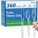 Dealusy 360 Count Extra Heavy Duty Clear Plastic Silverware, 150 Forks, 150 Spoons, 60 Knives, BPA-Free, Heat Resistant, Disposable Plastic Utensils Set, Plastic Cutlery Set, Plasticware Bulk