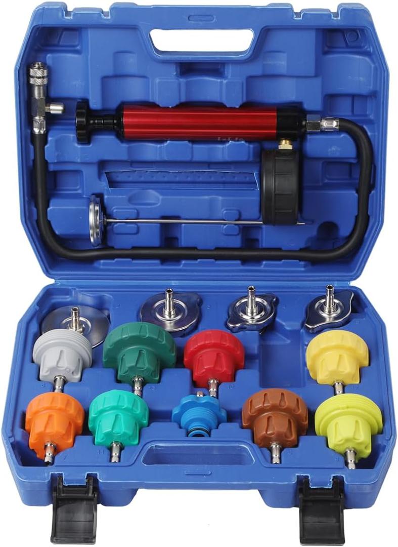 Radiator Pressure Tester Kit, Coolant Pressure Tester for Automotive Cooling System Water Tank Leakage Detection (Universal Fit 15PCS) Blue
