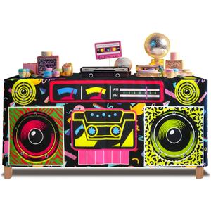 6FT 80s 90s Theme Party Tablecloth, 80s 90s Decorations for Back to 80s 90s Hip Hop Birthday Party (72" x 30" (Rectangular), Black-radio)