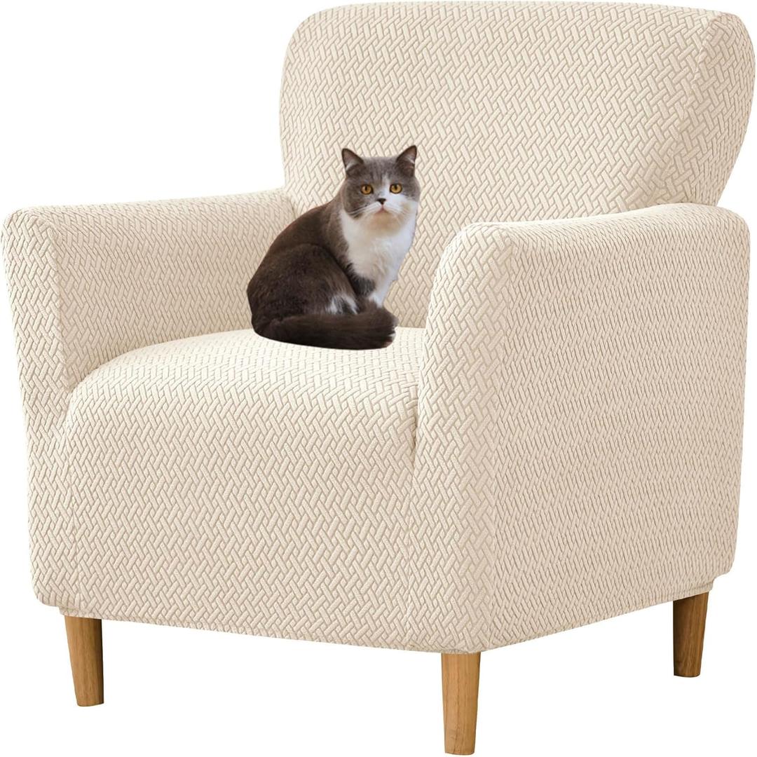 HFCNMY Banquet Armchair Slipcover,Stretch Knitted Jacquard Armchair Cover Washable Chair Covers Soft Chair Slipcovers with Arms Armchair Slipcovers for Living Room Furniture Protector Beige