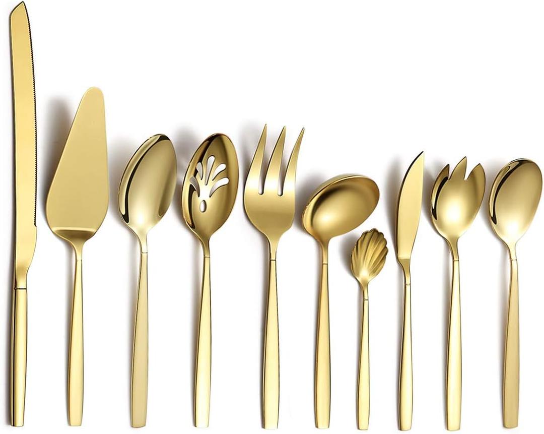 Berglander Gold Serving Utensils 10 Pieces, Titanium Golden Plating Serving Spoons, Included Cake Knife Cake Server Serving Forks Sugar Spoon Salad Spoon Forks Butter Knife Gravy Ladle etc.