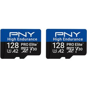 PNY 128GB PRO Elite High Endurance C10 U3 V30 A2 microSDXC – Up to 34.4K Continuous Recording Hours, Up to 100/ 90MB/ s Read/ Write, 4K UHD, Full HD, UHS-I, Surveillance, Home Security, Dash Cam, 2-Pack