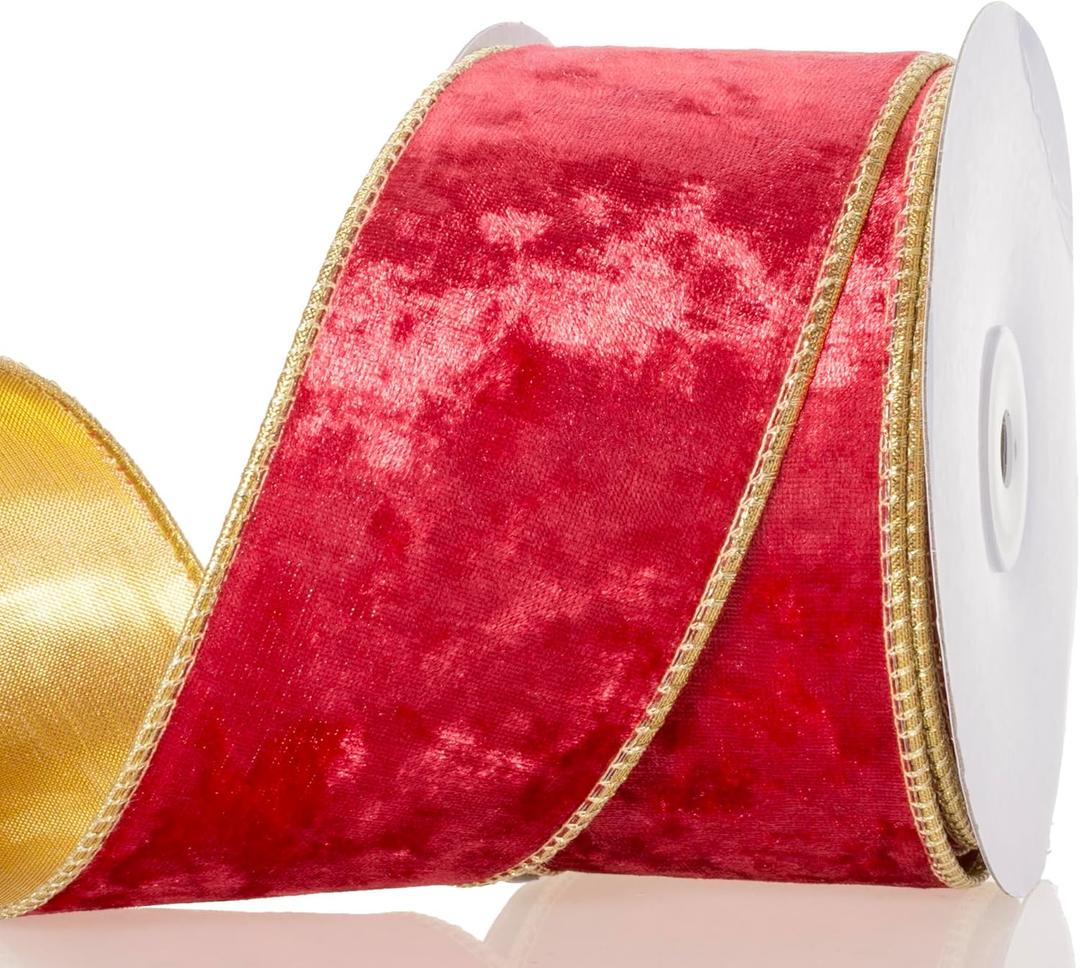 2 1/2 Inch Red Velvet Wired Ribbon  Double-Sided Gold Metallic and Red Velvet Craft Fabric Ribbon, Perfect for Christmas Bows, Gift Wrapping, Home Dcor, 10 Yards/Roll