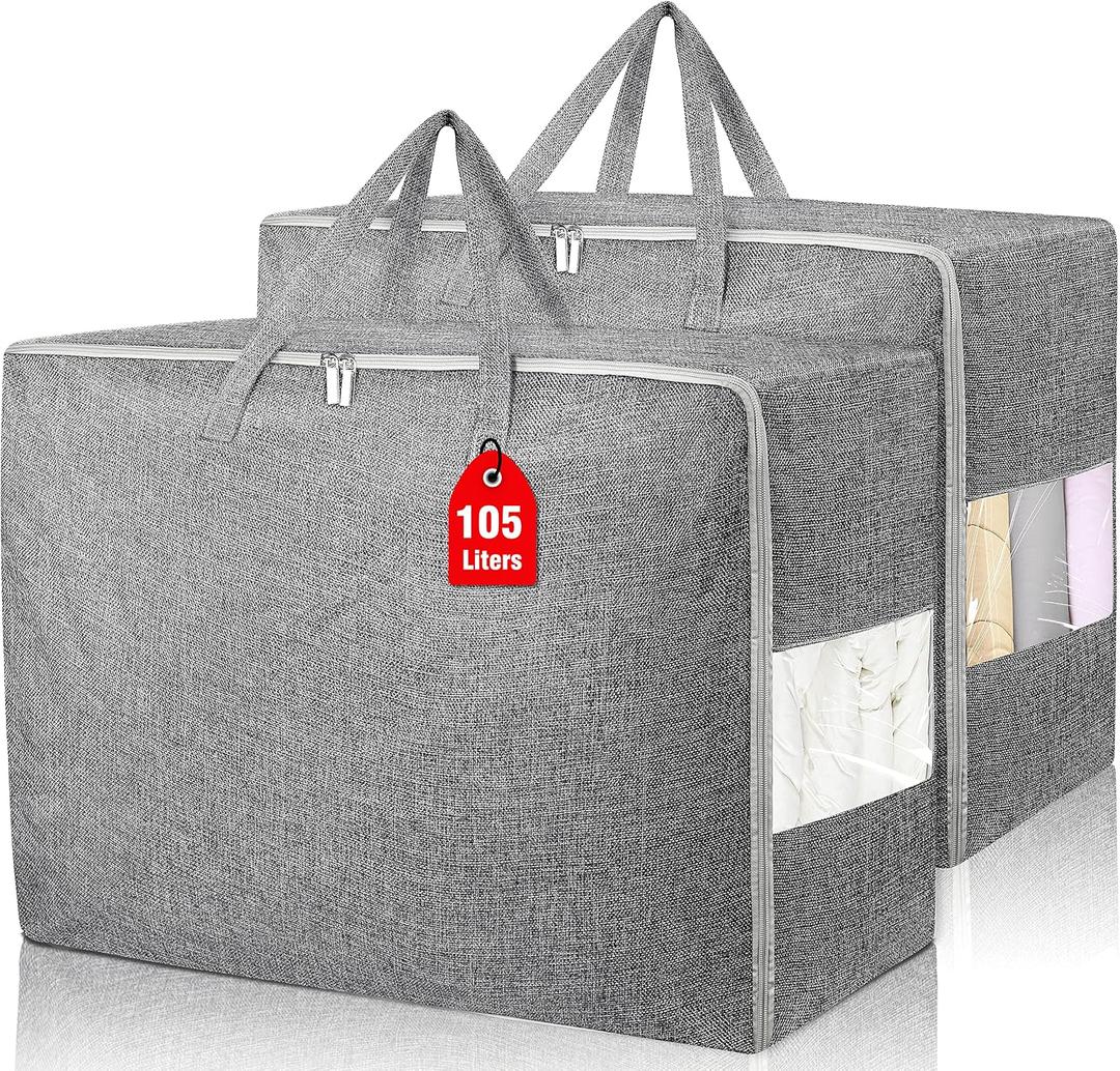 105L Extra Large Storage Bags, Folding Moving Comforter Blanket Storage Bags Closet Organizers and Storage Containers for Clothes with Strong Handles&Zippers Clear Window for Bedding Pillow Grey 2Pack