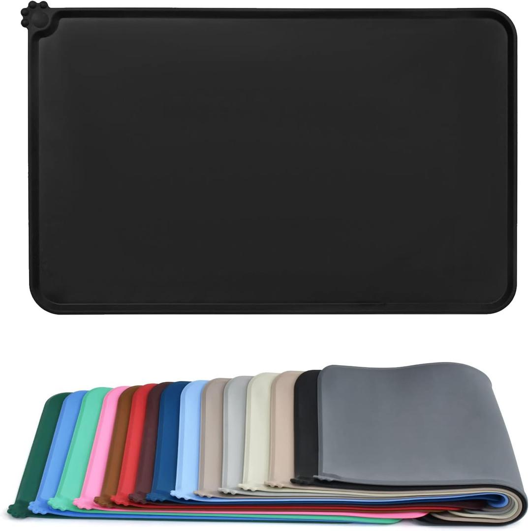 AUDWUD Silicone Waterproof Pet Feeding Mats,Anti Slip Bowl Pad,Dog Mat for Food and Water (21" x 15", Black)