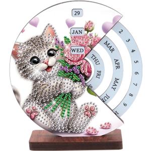 AiYuanzsh 3D Diamond Art Tabletop Perpetual Calendar Kit, DIY Wooden Desktop Ornament with Cute Cat Design, Sparkling Diamond Painting Desk Decoration Gift for Home & Office