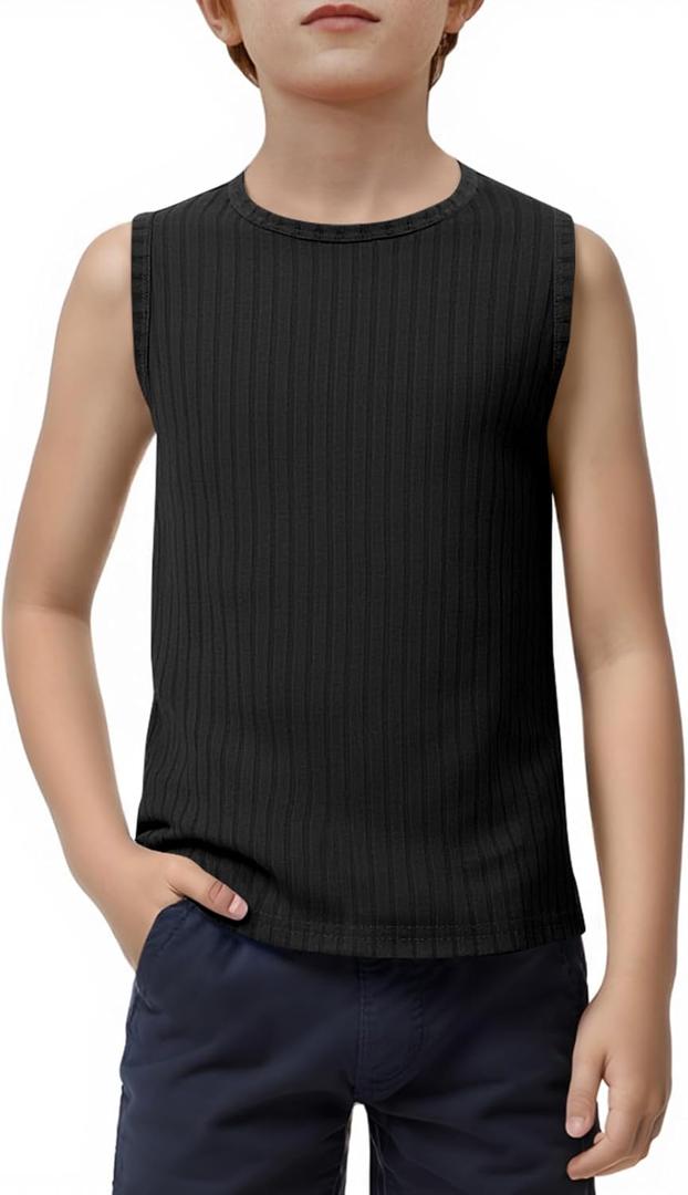 Haloumoning Boys Tank Tops Athletic Sleeveless Crewneck T-Shirts Kids Ribbed Knit Undershirts (130, Black)