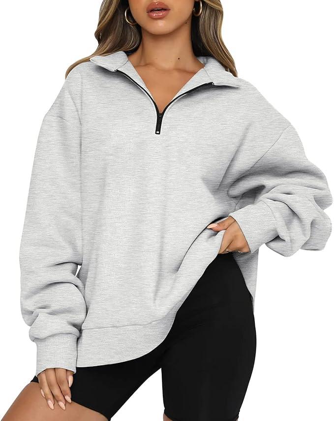 Womens Oversized Half Zip Long Sleeve Sweatshirt Solid Color Quarter Zipper Trendy Teen Girls Drop Shoulder Pullover Light Grey, No Size
