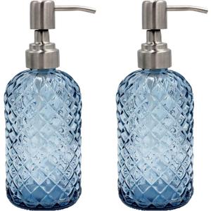16 oz Diamond Pattern Glass Soap Dispenser, Kitchen and Bathroom Refillable Soap Dispenser with Rust Resistant Stainless Steel Pump for Hand Soap, Lotion Glass Liquid Dispenser(Blue - 2 Pack)