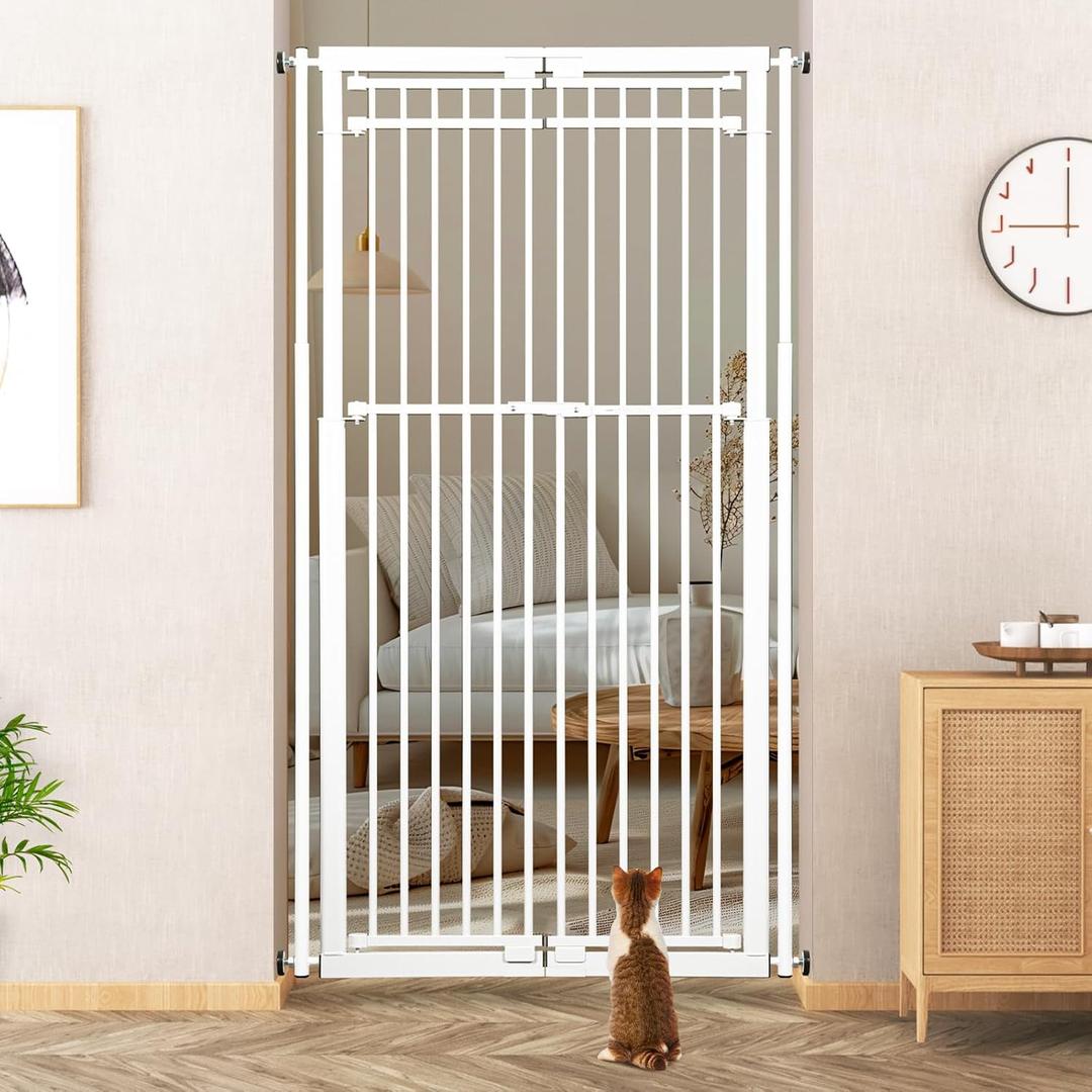 78.8" Extra Tall Cat Gate, 28.3-33" Wide Dog Door, Pressure Mounted Easy Walk Through Safety Metal Pet Gate for Doorway, No Drilling Cat Proof Gate (White)