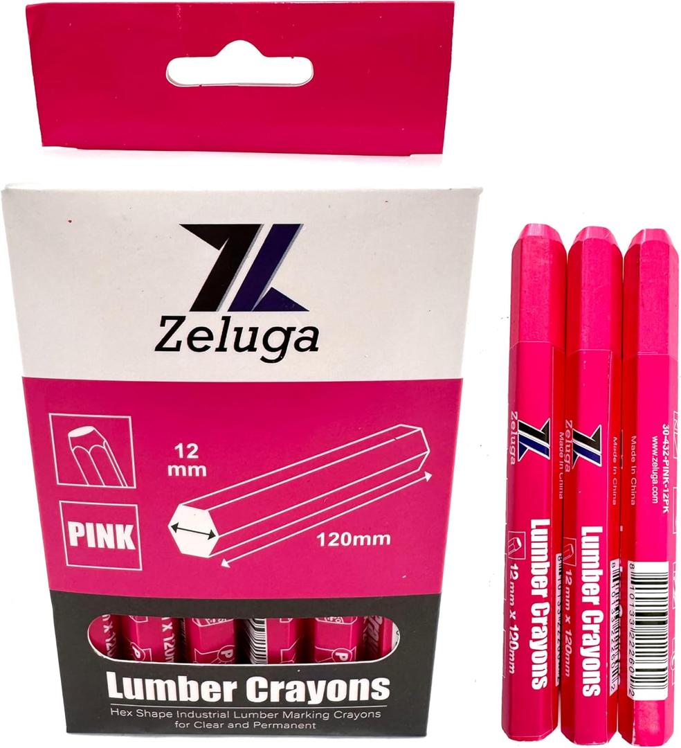 4.7in. x 0.47in. Hex Shape Industrial Lumber Marking Crayons for Clear and Permanent Markings, Pink 12 Pack