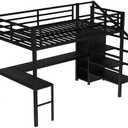 Loft Bed with L-Shaped Desk and USB, Metal Bed with Wardrobe and Adjustable Shelf, High Bed Frame with LED for Bedroom (Black, Full)