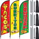 3 Pcs Tacos Burritos Feather Flag 7 ft Mexican Food Swooper Flag Mexican Restaurant Advertising Feather Banner with Pole and Ground Stake for Outside Store Business Markets