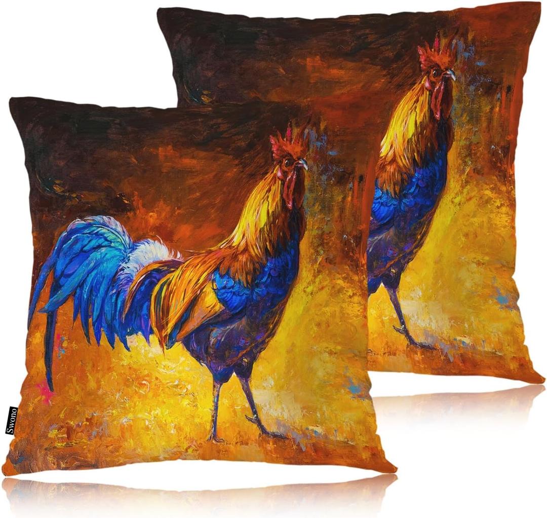 Swono 18"X18" Throw Pillow Covers Rooster, Farm Chicken Rooster Boho Pillowcase Cushion Covers for Couch Bed, Square Decorative Pillow Cover Home Sofa Bedroom Car 2 Pcs, Colorful
