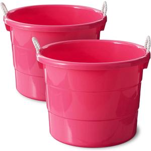 HOMZ 2-Pack Utility Tub, Large Plastic Storage Bucket with Rope Handles, 18 Gallon, Pink - Portable Indoor and Outdoor Buckets for Kitchen, Laundry, Garden, Bathroom, and Garage Organization