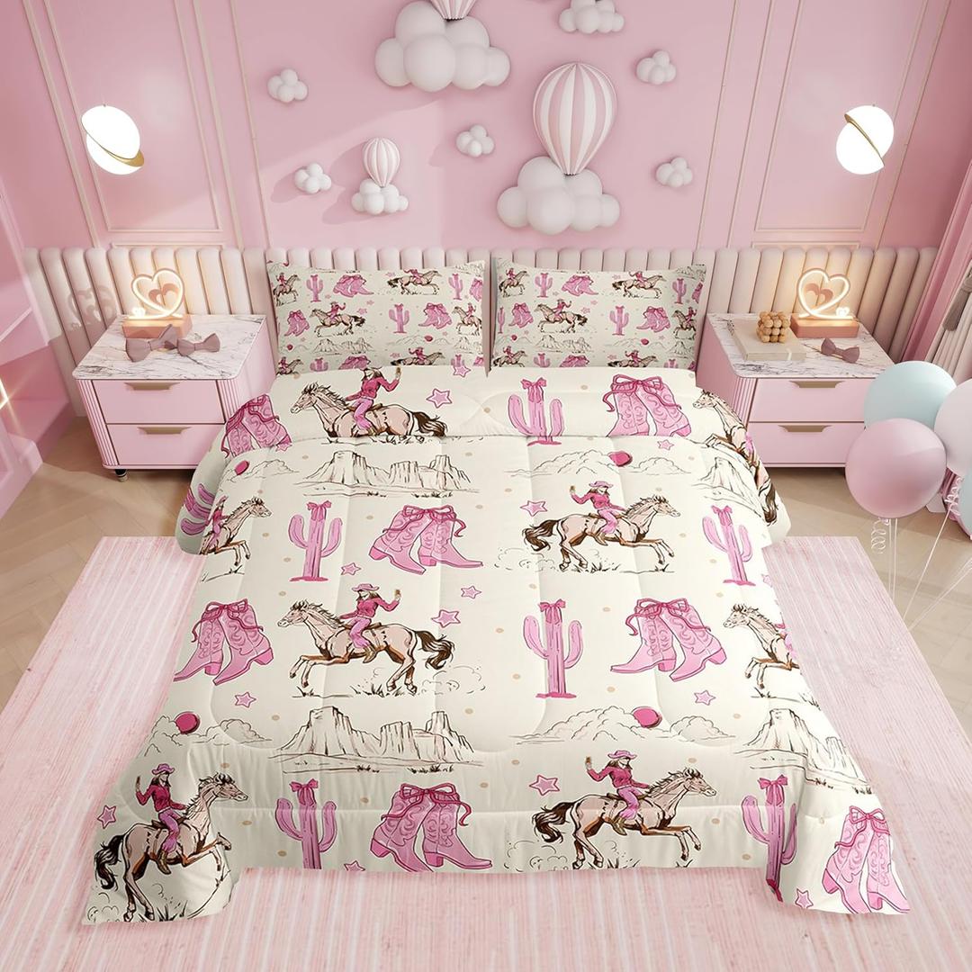 Erosebridal Retro Western Horse Twin Comforter Set for Girls,Pink Cowgirl Boots and Bows Bedding Sets for Kids Teen,Rustic Country Cowboy Cactus Bed Set,Cute Bow Room Decor with 1 Pillowcase (Beige Pink Brown)