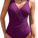 AI'MAGE Women One Piece Swimsuit 2025 Tummy Control Ruched Bathing Suit Slimming Push Up Swimwear (Large, Dark Purple)