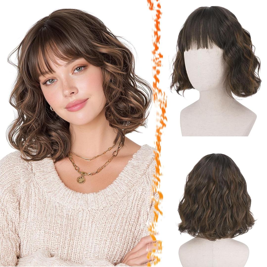 BARSDAR Short Wavy Brown Highlight Wig with Bangs - Short Brown Highlights Wigs for Women - Curly Wavy Textured French Bob Wig with Bangs Soft Synthetic Natural Looking Face-Framing Daily Party (12 Inch)