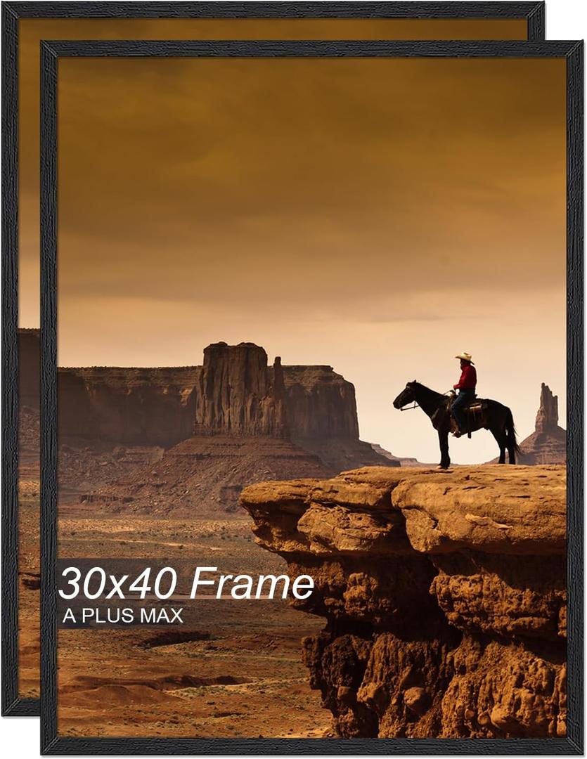 A PLUS MAX 30x40 Picture Frame Set of 2, Black Engineered Wood Frame for 30 x 40 Inch Picture Poster Photo, Light Weight 30 by 40 Frame with Wood-grain for Wall - 2 Pack/Black/30 x40