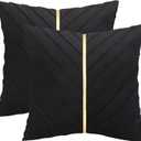 Tosleo Black Velvet Throw Pillow Covers 16x16 inch Pack of 2 with Gold Leather Decorative Couch Pillow Cover Luxury Modern Pillowcases for Wedding Living Room Bedroom Sofa Cushion Bed