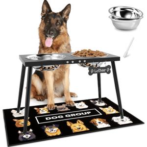 Metal Raised Dog Bowl Stand for Extra Large & Large, Dogs Food & Water Bowls 15" Tall,with Sprill Proof Mat, Raised Stand Black (70OZ-Stainless Steel Dog Bowls, Mat-20x31)