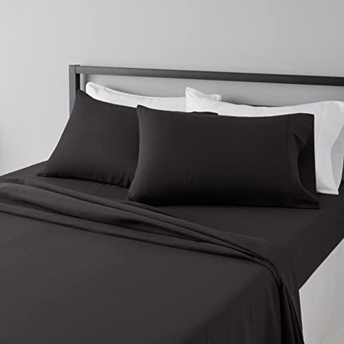 Amazon Basics Lightweight Super Soft Easy Care Breathable Microfiber 4 Piece Cozy Comfortable Bed Sheet Set, Wrinkle Resistant with 14-Inch Deep Pockets, Queen, Black, Solid
