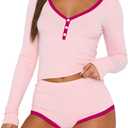 RUEWEY Womens Ribbed Knit Pajama Sets Long Sleeve Top and Shorts Matching Lounge Set PJ Set 2 Piece Outfits (Small)