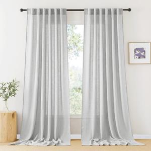 RYB HOME Natural Linen Curtains for Sliding Glass Door Bedroom, Semi Transparent Half Privacy 102 inches Long Rustic Semi Sheer 2 Panels Set, W 52 x L 102 inches, Grey, 2 Panels