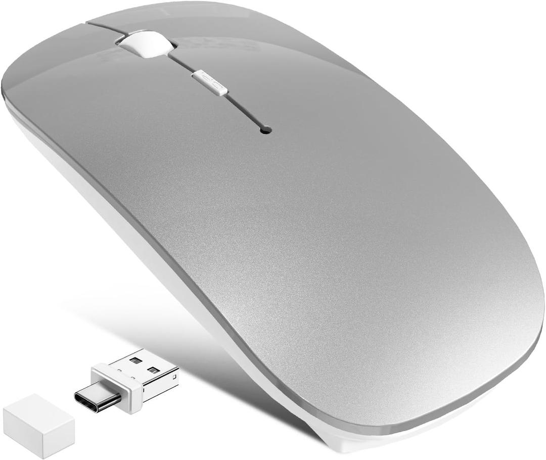 Wireless Mouse for MacBook Air iPad Pro Mac PC, Slim Bluetooth Rechargeable Computer Mice, 2 Mode Bluetooth 5.2/3.0 & 2.4G USB Type-C Receiver Optical Jiggler Mouse for Keep Computer Awake Grey