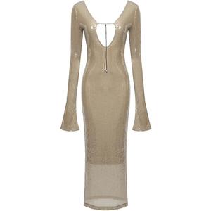 meilun Deep V Dress with Drawstring Long Sleeve Sequin Dress for Women Long Gown, M