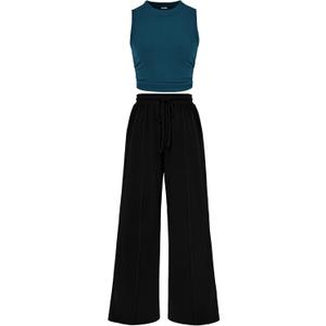 BTFBM Summer Outfits For Women 2026 Ribbed Sleeveless Tank Tops Wide Leg Pants 2 Piece Sets Lounge Set Clothing (Medium, Lake Blue Black)