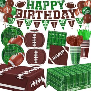 Football Birthday Party Decorations Includes Plates, Napkins, Cups, Banner, Balloons, Touchdown Tablecloth for Football Gameday Tailgate Decorations, Serves 24