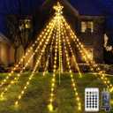 Ollny Christmas Lights Tree 340LED with Topper Star, IP67 Waterproof Remote Control Waterfall Lights with Pole, 16 Modes 3 Timers Dimmable Light Decorations for Outdoor Yard Garden Lawn(Warm White)